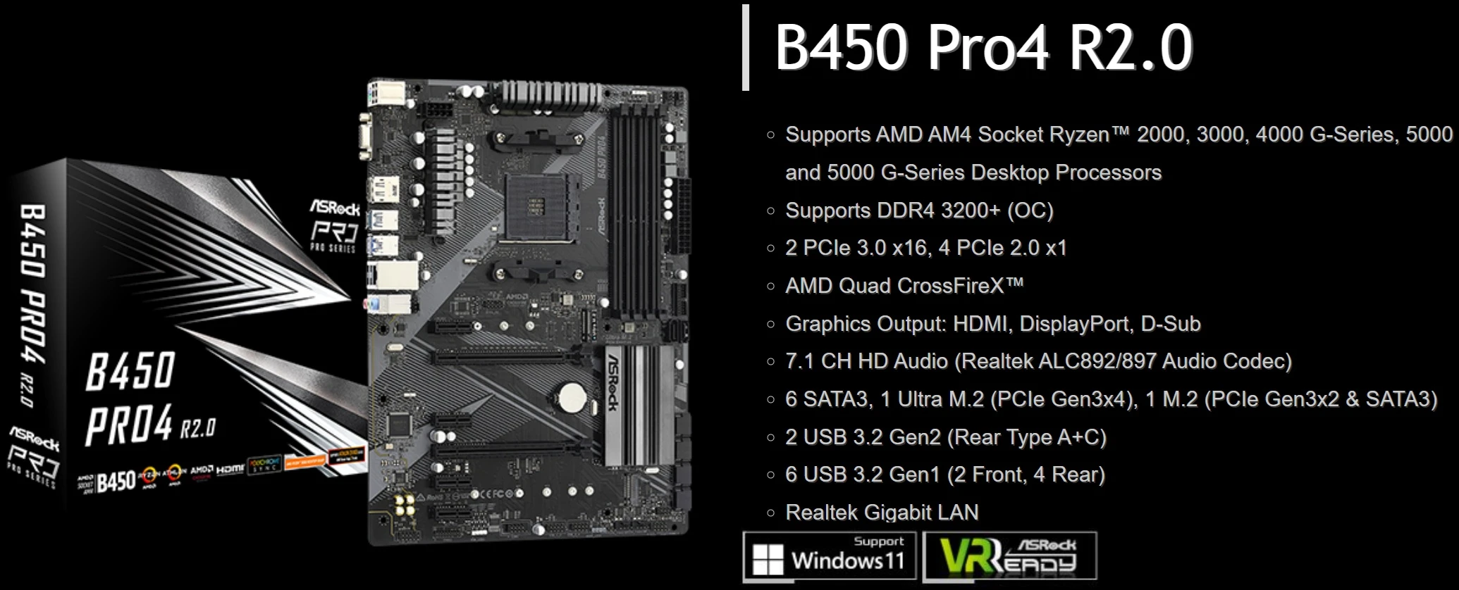 Дънна платка ASRock B450 Pro4 R2.0 за AMD Ryzen процесори.
